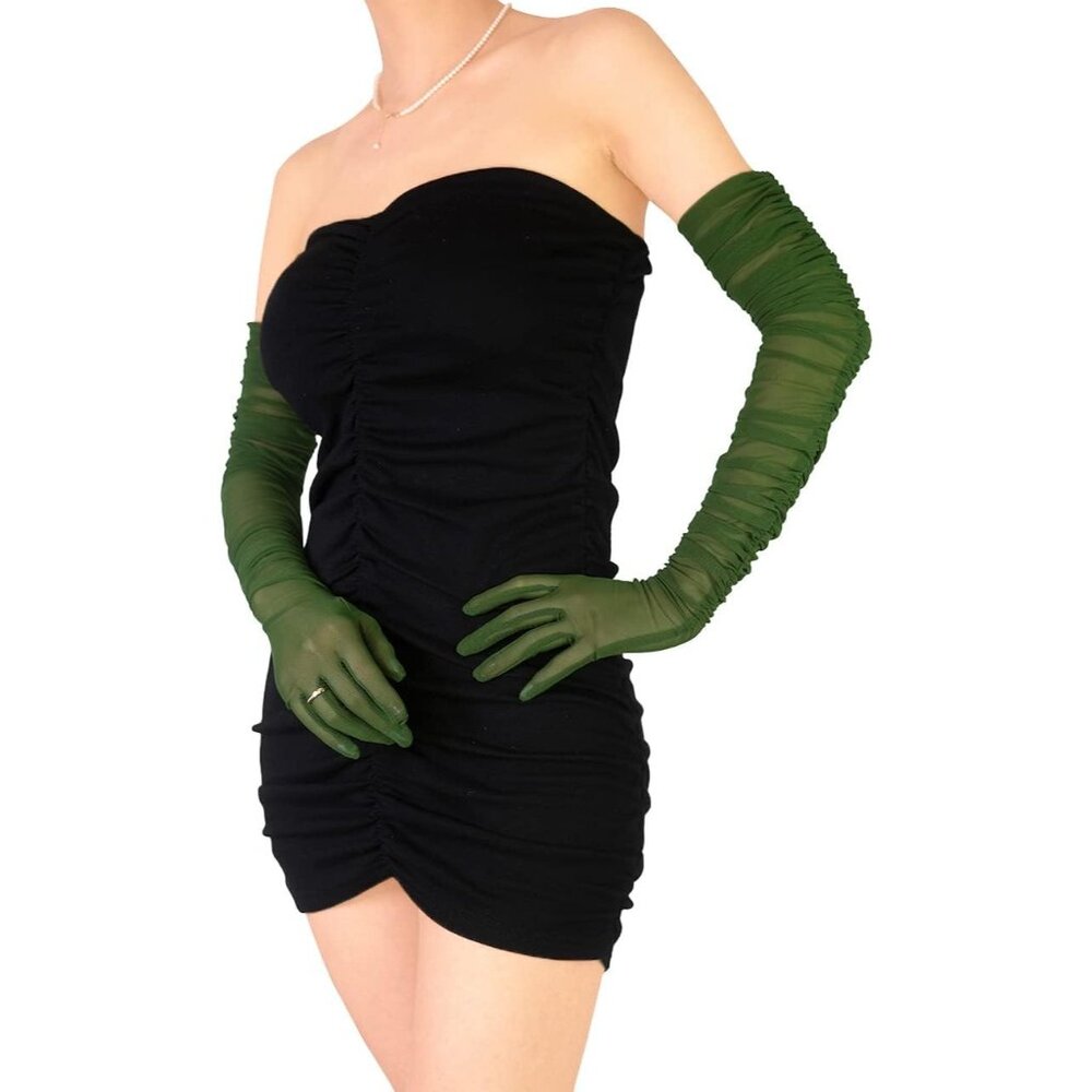Women's Dark Green Sexy Tulle Sheer Mesh Long Gloves Opera Party Prom Costume - Picture 5 of 6
